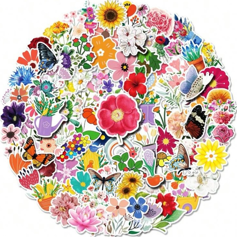 100 Colorful Flower Stickers Insects Nature Garden Blossoms - Picture 2 of 11